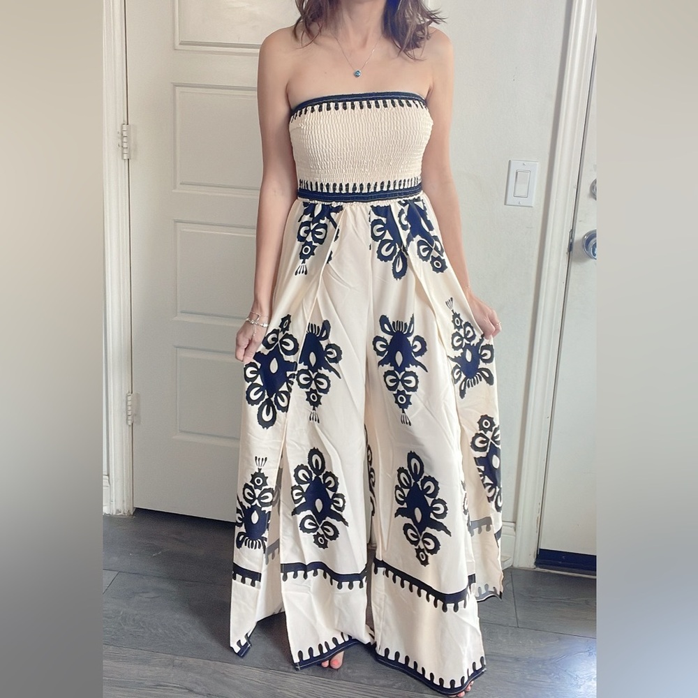 BellanBlue Strapless Cream and Black Jumpsuit